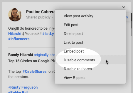 Disable reshares and comments google plus