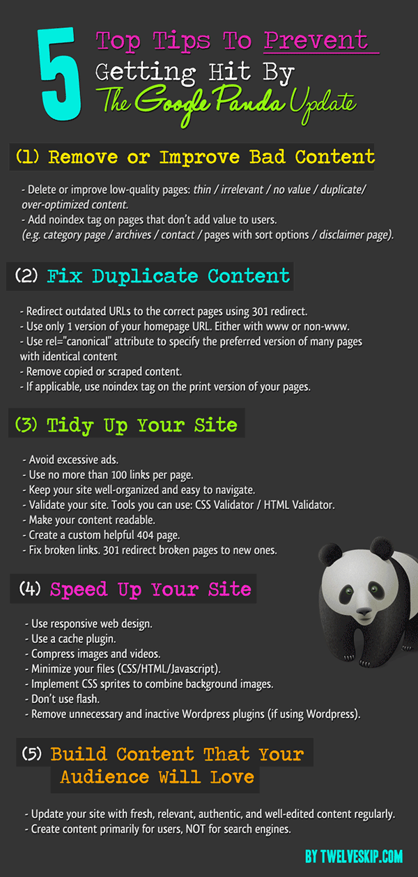 5 Tips To Avoid A Google Panda Penalty @ http://www.twelveskip.com/marketing/seo/182/avoid-google-panda-penalty