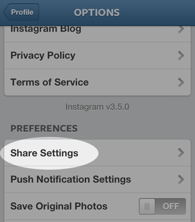 Tap Share Settings and select Facebook option