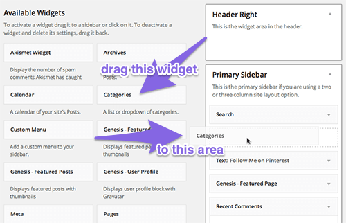 Click Categories widget to primary sidebar