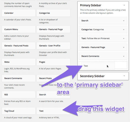 Drag and drop the text widget to the primary sidebar