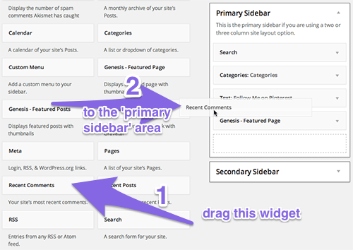 Drag Recent Comments widget to primary sidebar
