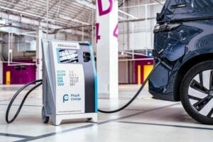 EV plugged in to a portable charging station.